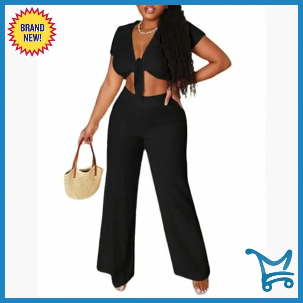 V-Neck Crop Top Wide Leg Pants Matching Set Medium Polyester Vacation Outfit